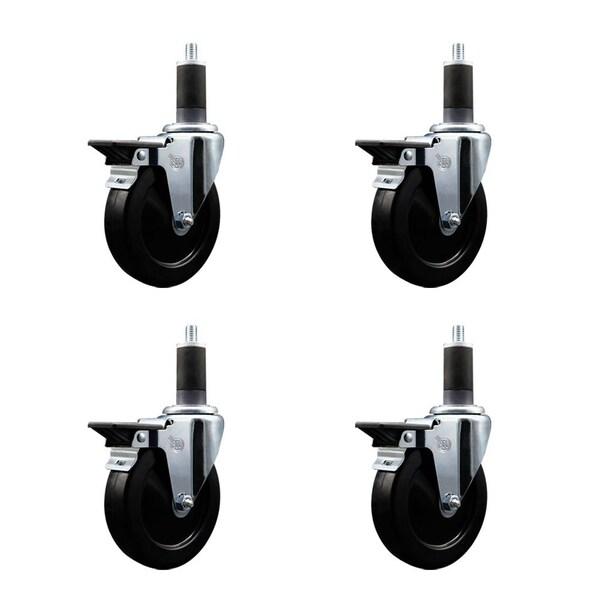 5'' Hard Rubber Swivel 1-1/4'' Expanding Stem Caster Set with Brake, 4PK